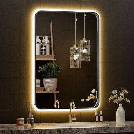 24" x 32" LED Bathroom Mirror with Lights, Rounded Rectangle Silver Frame Embedded