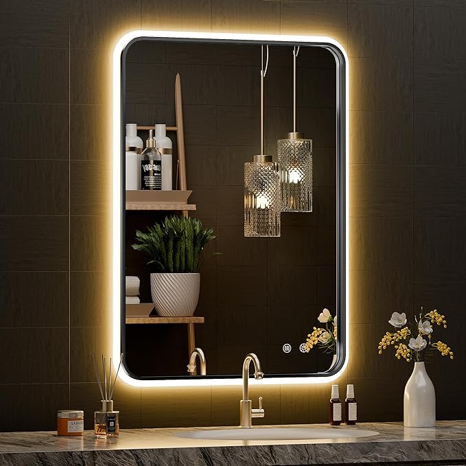 LED Bathroom Mirror with Lights, Rounded Rectangle Silver Frame Embedded
