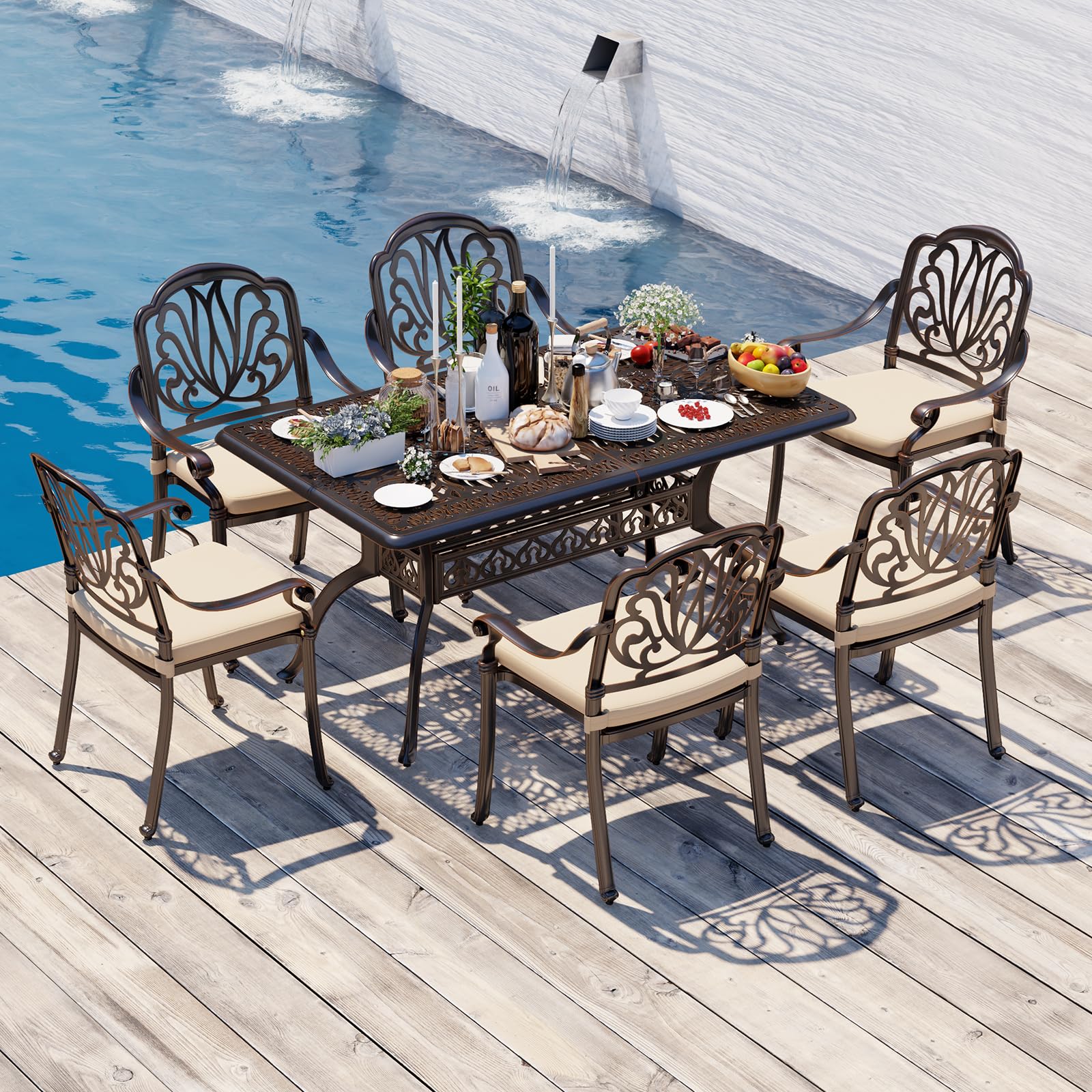 7-Piece Cast Aluminum Outdoor Dining Table Set for 6 Person - 59.25" Large Dining Table