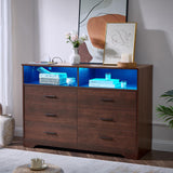 Cherry Dresser for Bedroom Wooden, 6 Drawer Dresser with Charging Station and LED