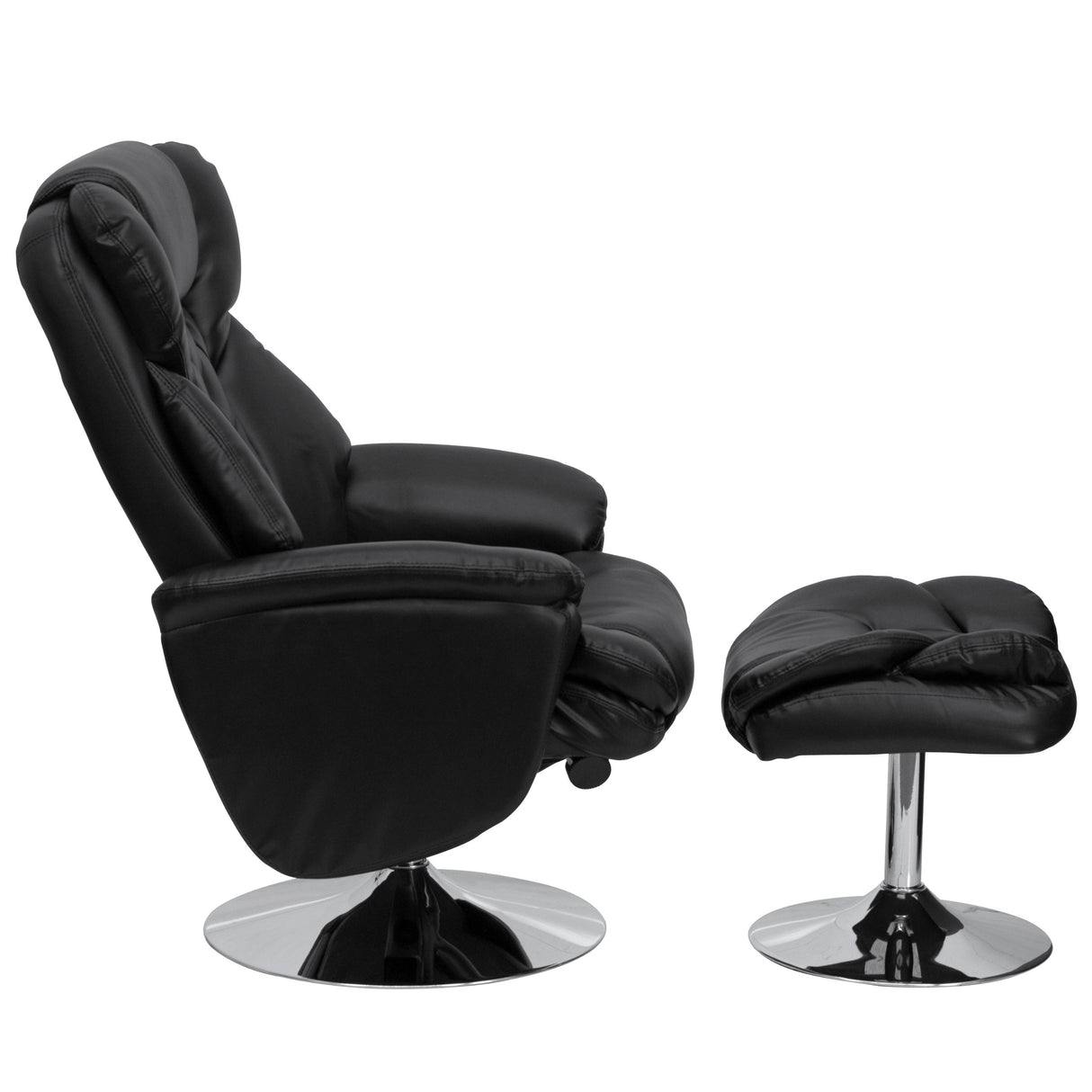 Wills Transitional Multi-Position Recliner and Ottoman with Chrome Base in Black Leather