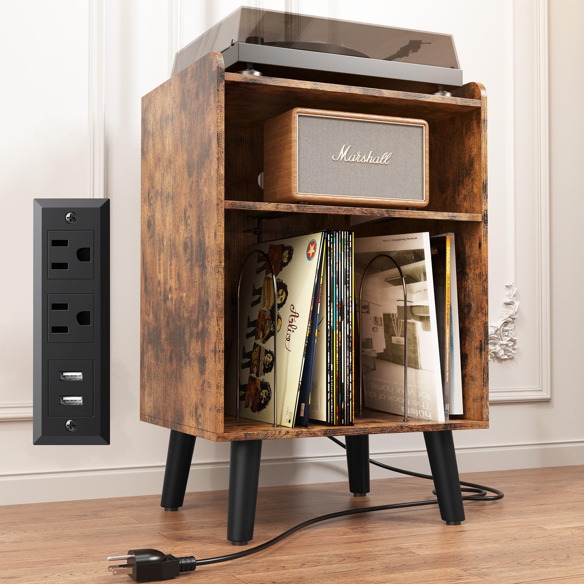 Record Player Stand, Turntable Stand with Record Storage and Charging Station