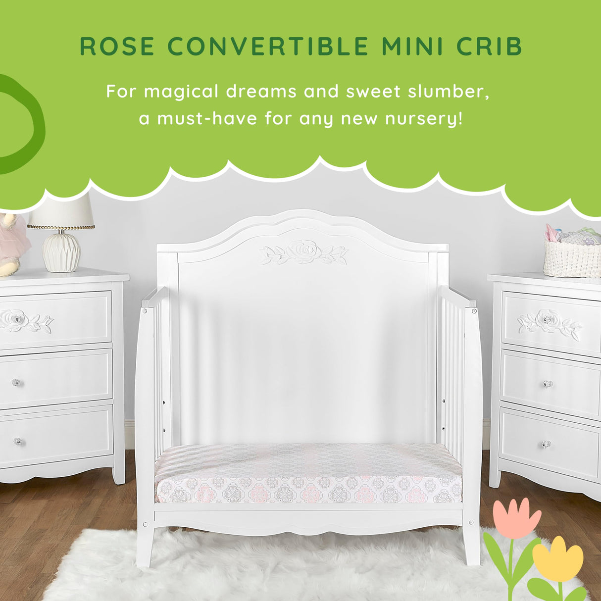 Rose 4-in-1 Convertible Mini Crib in White, JPMA Certified Baby Crib, Non-Toxic Finish,