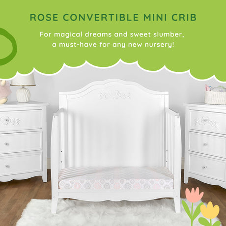 Rose 4-in-1 Convertible Mini Crib in White, JPMA Certified Baby Crib, Non-Toxic Finish,