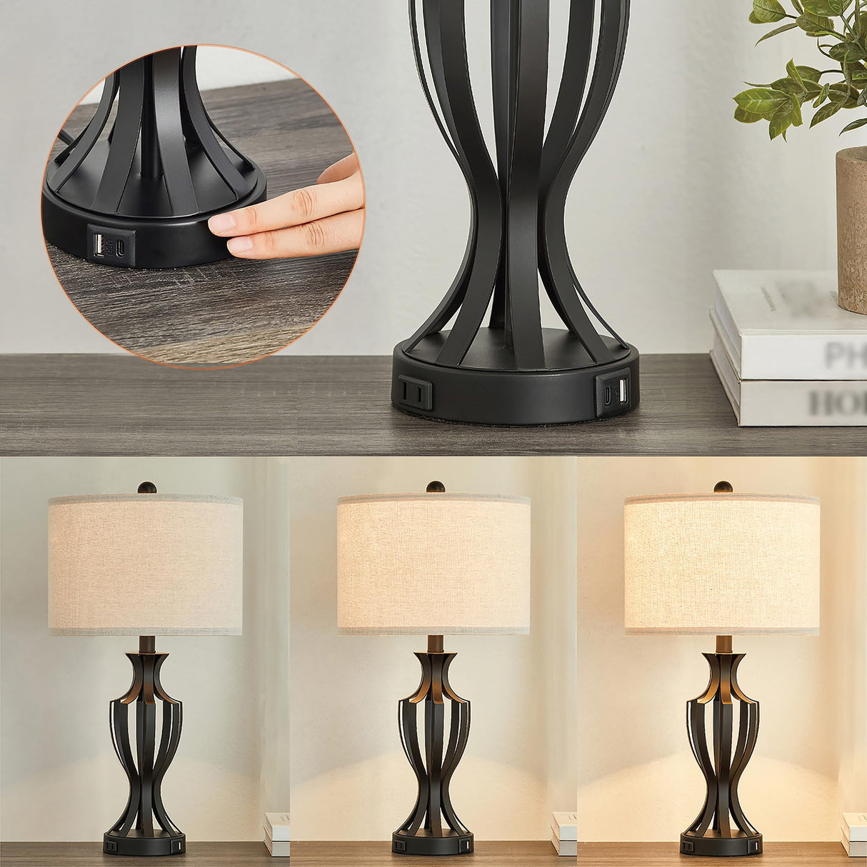 23.25'' Metal Table Lamp Set of 2 for Living Room, 3-Way Touch Control Black Iron Scroll