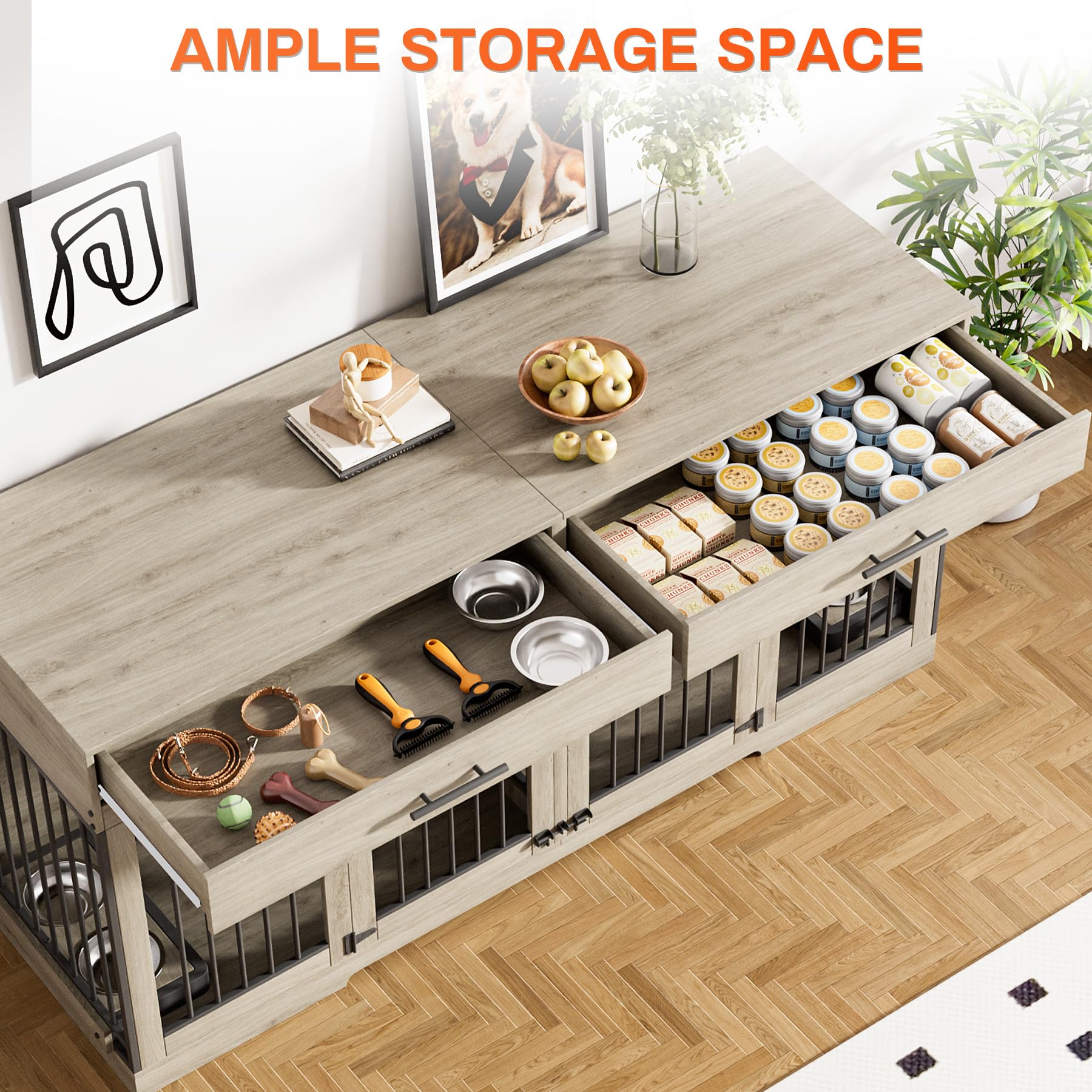 72" Double Dog Crate Furniture with Storage Drawers