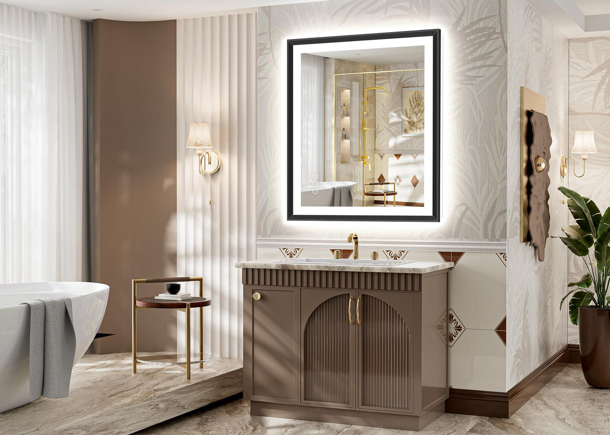 30x36 Black Framed LED Bathroom Mirror - Dimmable with Anti-Fog
