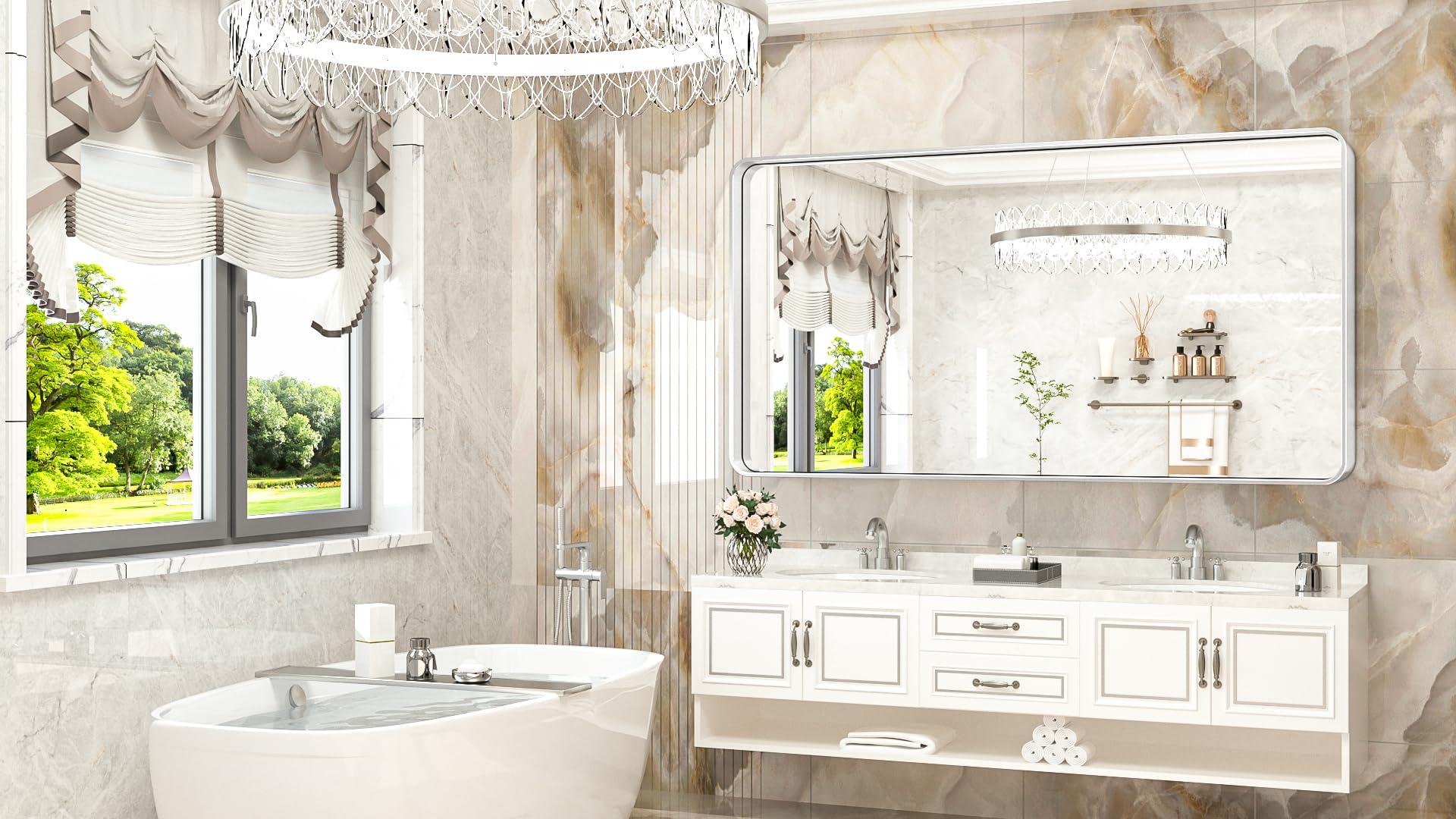 Mirror for Bathroom Brushed Silver Metal Frame Decorative Rectangular