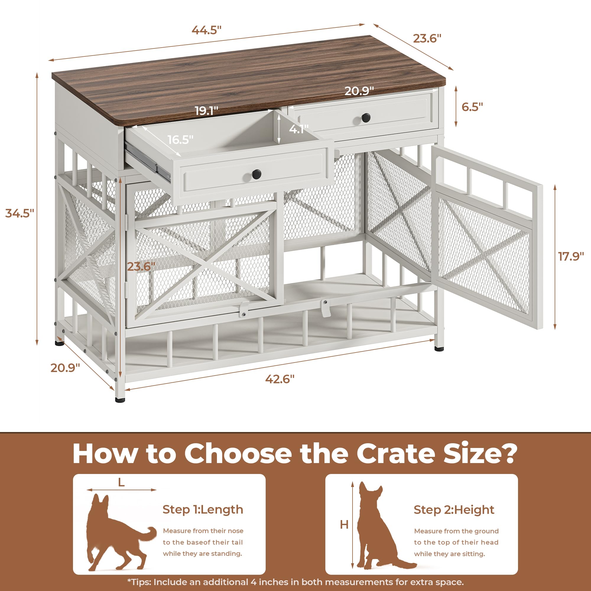 44" Large Dog Crate Furniture with Storage Drawers