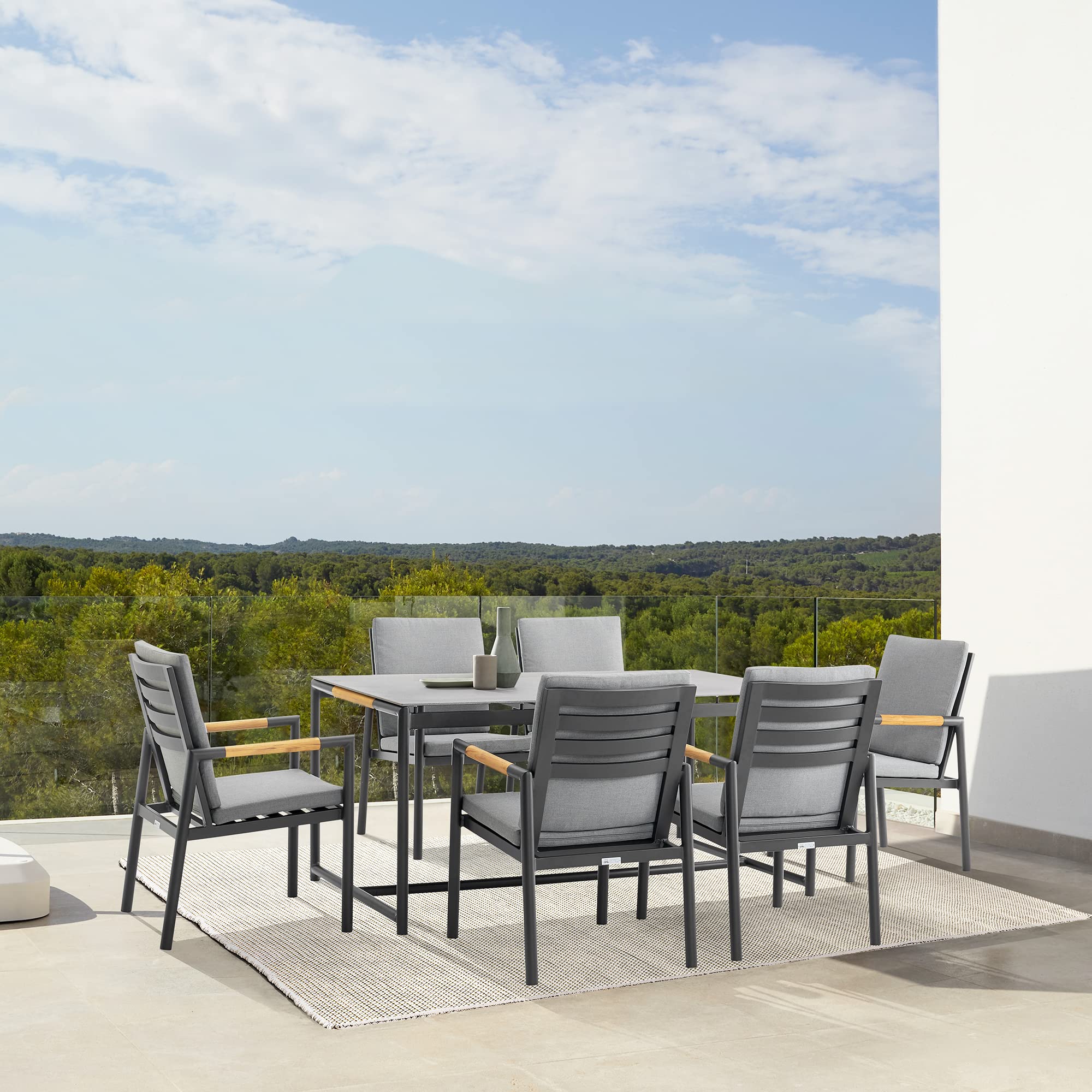 Royal 7 Piece Black Aluminum and Teak Outdoor Dining Set with Dark Gray Fabric