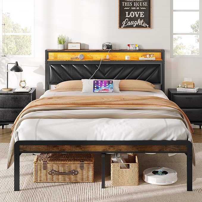 Full Size Bed Frame with 2-Tier Headboard