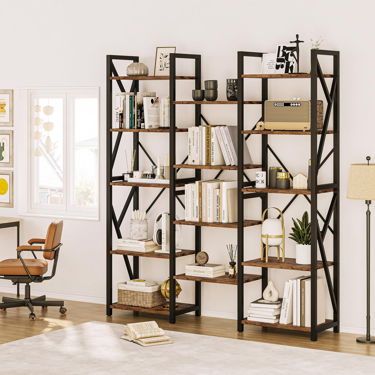 Triple Wide 5 Tier Book Shelf, Tall Bookshelf with Open Display Shelves