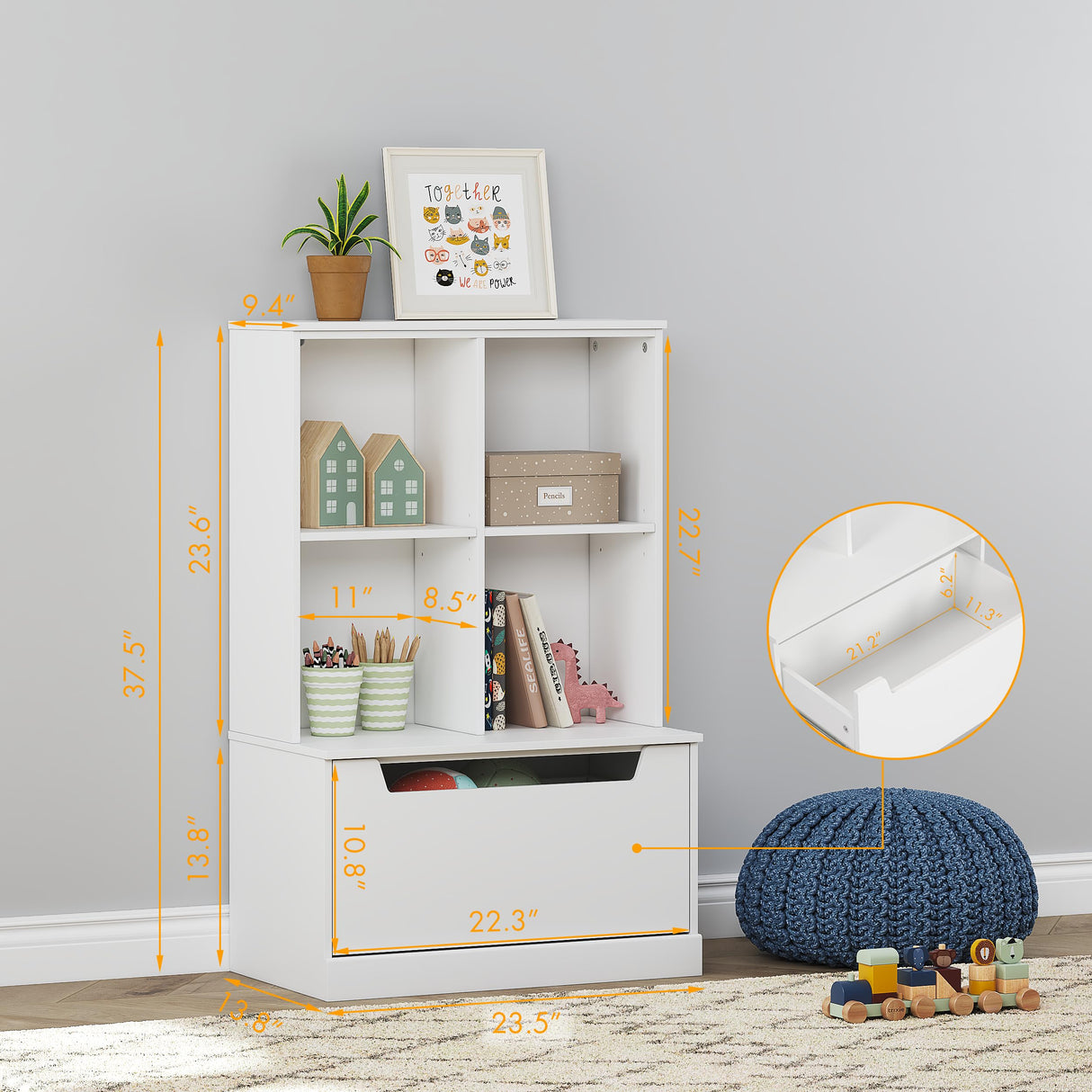 Kids Bookshelf and Toy Storage Organizer, Toddlers Bookcase with Cubbies, Adjustable