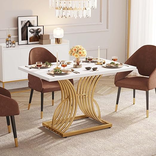70.3" Modern Dining Table for 6-8 People - White Marble & Gold