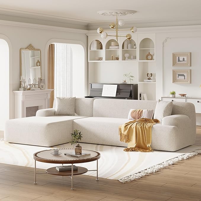 L-Shape Chenille Upholstered Sofa with 5 Pillows, Modern Luxury Sofa