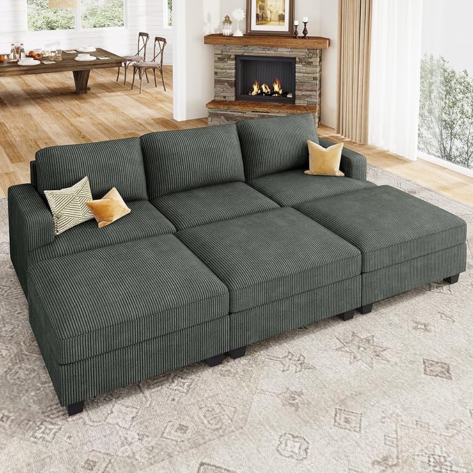 Modular Sectional Couch with Storage Ottoman, Corduroy Sleeper Sectional Sofa with Chaise, Sectional Couches for Living Room, Beige