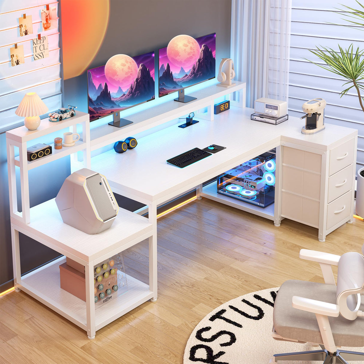 EnHomee 70.9" L Shaped Gaming Desk with Drawers Reversible L Shaped Computer Desk with Power Outlet & LED Lights White Home Office Desk with Storage Shelves and Monitor Stand Corner Desk