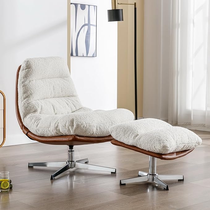 Swivel Accent Chair with Ottoman, Mid Century Modern Faux Leather Lounge Chair