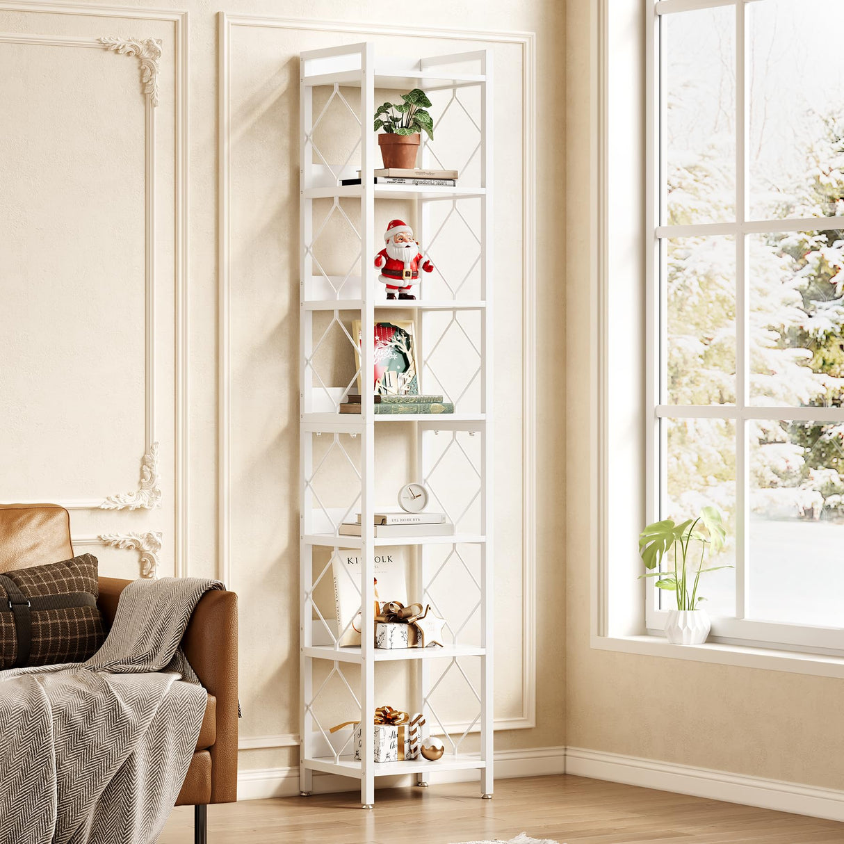 Book Shelf, 7-Tier Tall Bookcase, 78.7" Wooden Display Shelves with Sturdy Metal Frame for Living Room, Modern Narrow Standing Bookshelves for Bedroom, White Office Shelf for Small Spaces