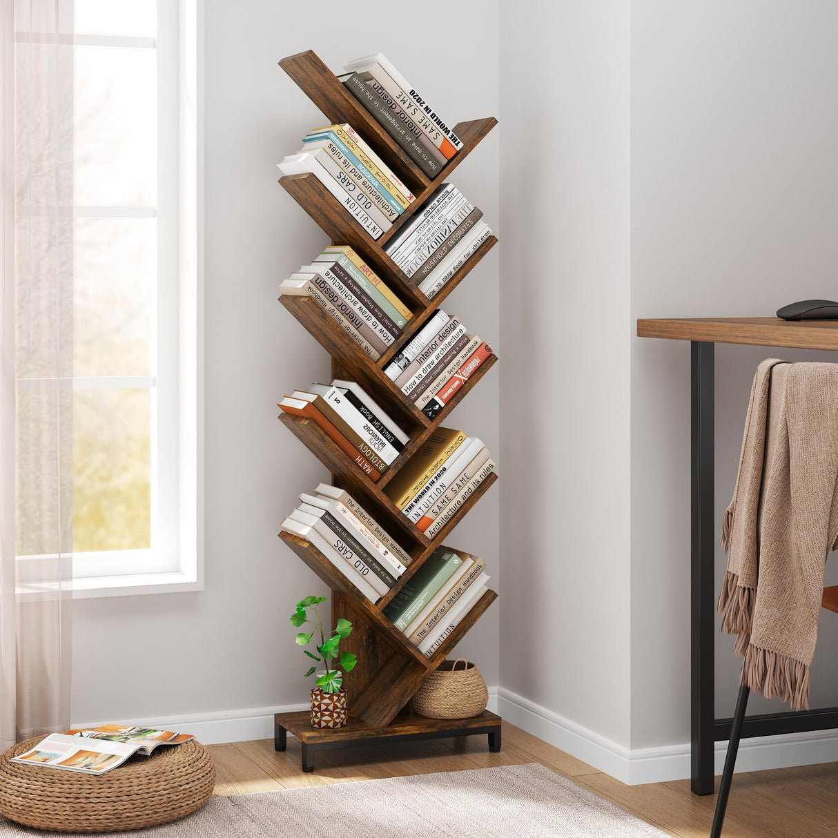 10 Shelf Tree Bookshelf, Floor Standing Wood Bookshelf for Books/Magazine/CDs/Movies, Modern Storage Rack Tree Bookcase, Utility Organizer Shelves for Narrow Space Home Office, Rustic Brown