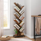 10 Shelf Tree Bookshelf, Floor Standing Wood Bookshelf for Books/Magazine/CDs/Movies, Modern Storage Rack Tree Bookcase, Utility Organizer Shelves for Narrow Space Home Office, Rustic Brown
