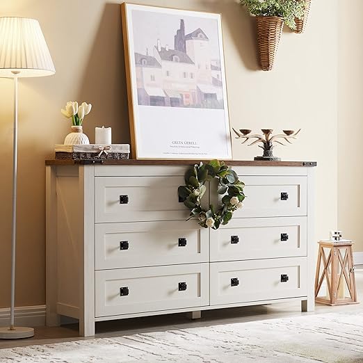 Farmhouse 6 Drawers Dresser for Bedroom, Wood Rustic Wide Chest of Drawers