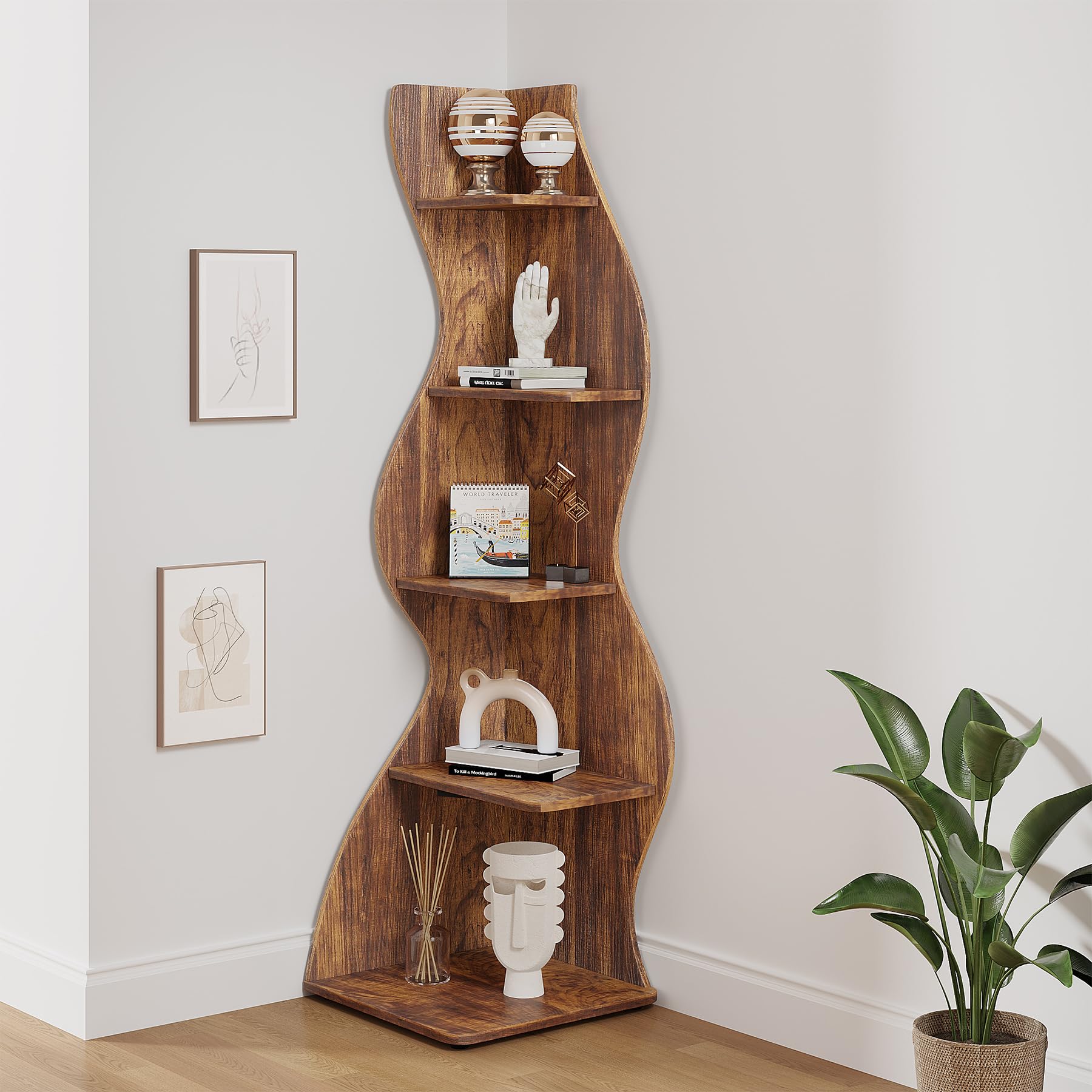 Corner Shelf, Rustic 5-Tier Wall Corner Bookshelf,