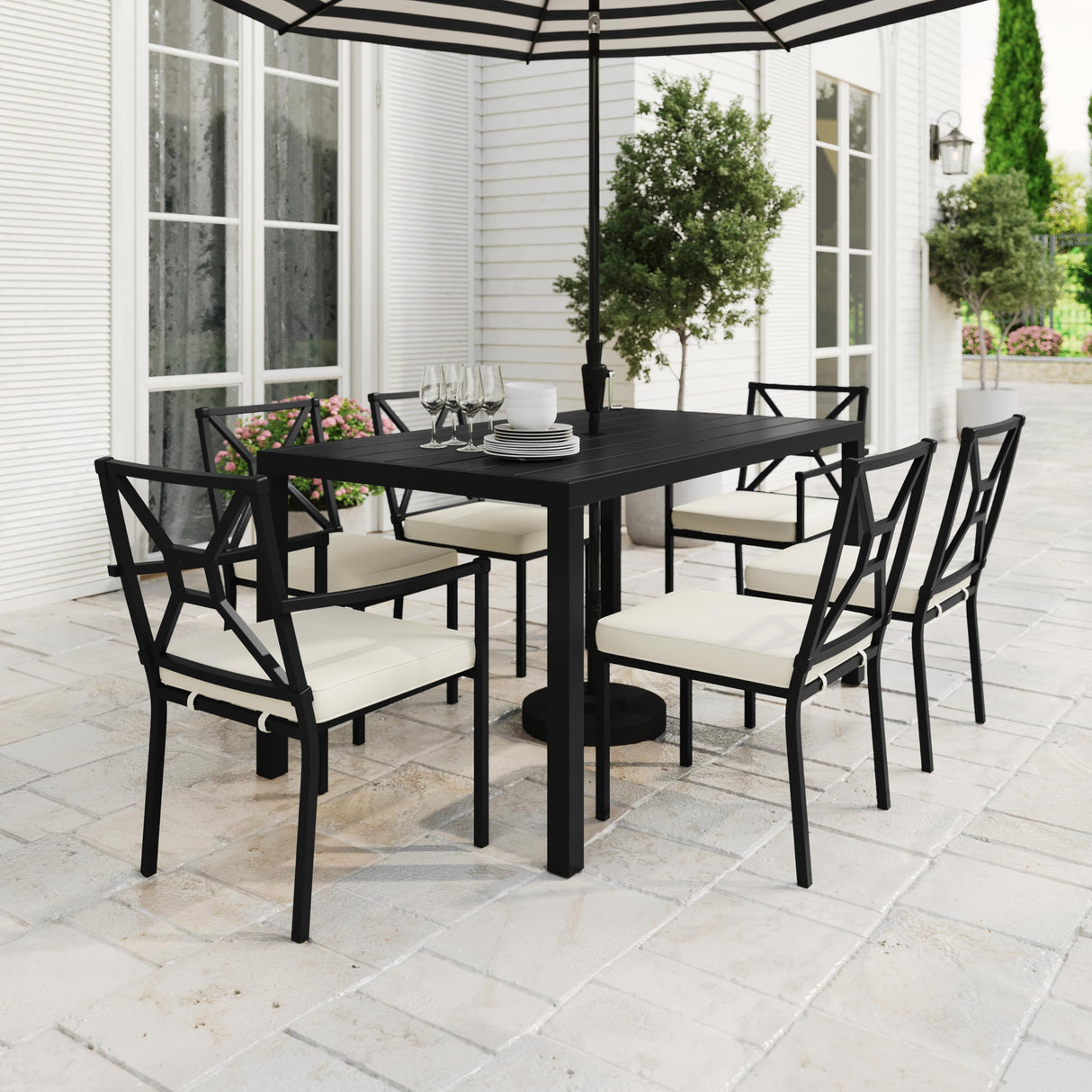 Lily Pond 60" All-Weather Patio Table with Slatted Tabletop, Umbrella Hole