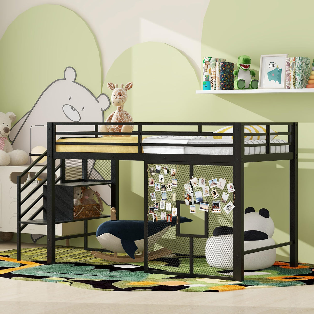 Twin Size Metal Low Loft Bed Frame with Storage Staircase and Iron mesh, Black