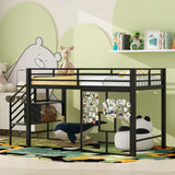 Twin Size Metal Low Loft Bed Frame with Storage Staircase and Iron mesh, Black