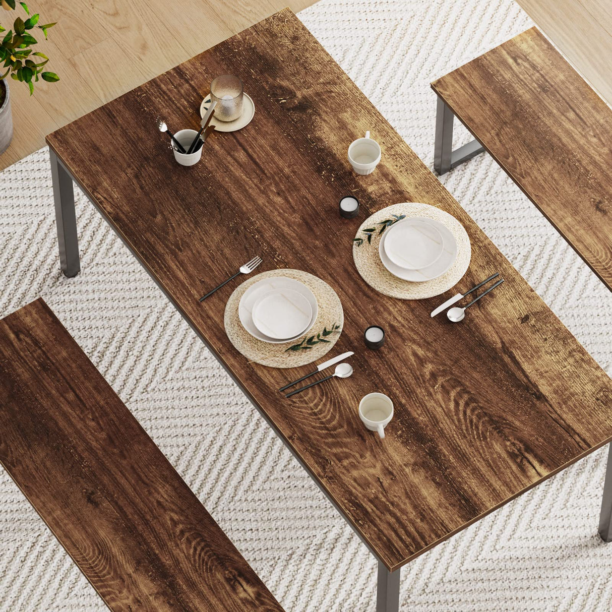 Kitchen Table Set with 2 Benches, Dining Table Set for 4, 3 Piece Dining Room