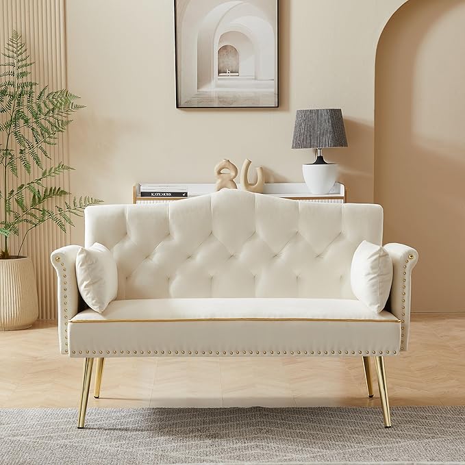 55-Inch Modern Velvet Loveseat Sofa with Gold Metal Legs & Side Pockets