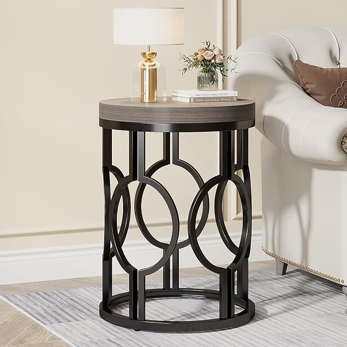 Round End Table, Industrial SideTable with Metal Hollow Frame