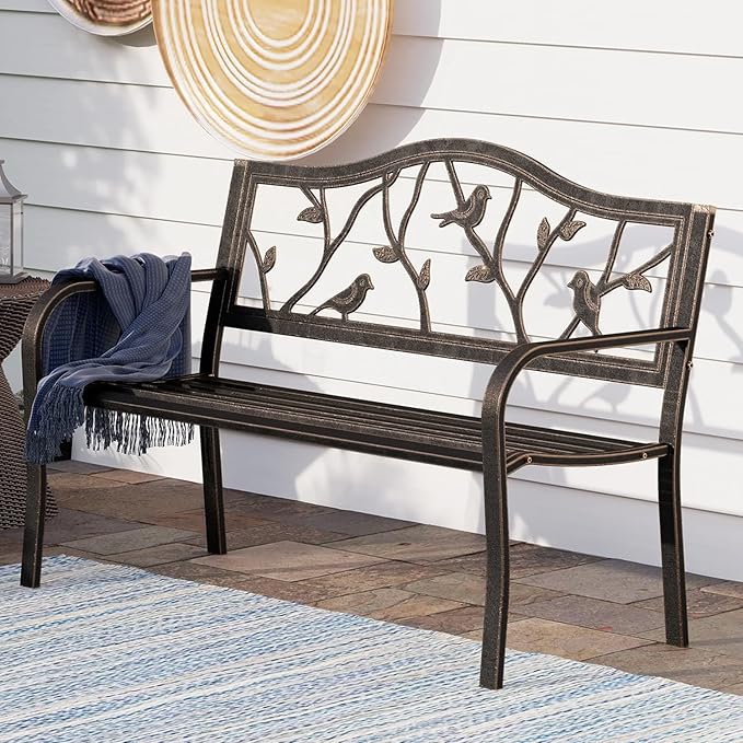 Outdoor Garden Bench, 48” Long Metal Steel Bench with Backrest and Armrests