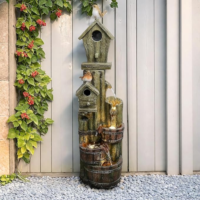 Wishing Well Water Fountain, 39.3inches Rustic Outdoor Water Fountains