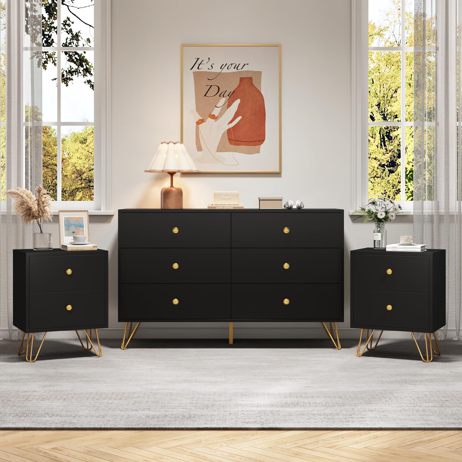 6 Drawer Dresser and Night Stand Sets for Bedroom, Two Drawers Nightstand