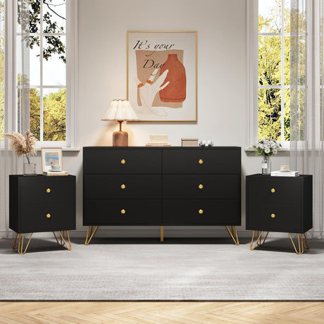 6 Drawer Dresser and Night Stand Sets for Bedroom, Two Drawers Nightstand Set of 2 & 6 Drawer Dresser with Gold Handle, Modern Black and Gold Dresser Set