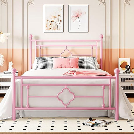 Queen Size Metal Platform Bed Frame with Victorian Vintage Headboard