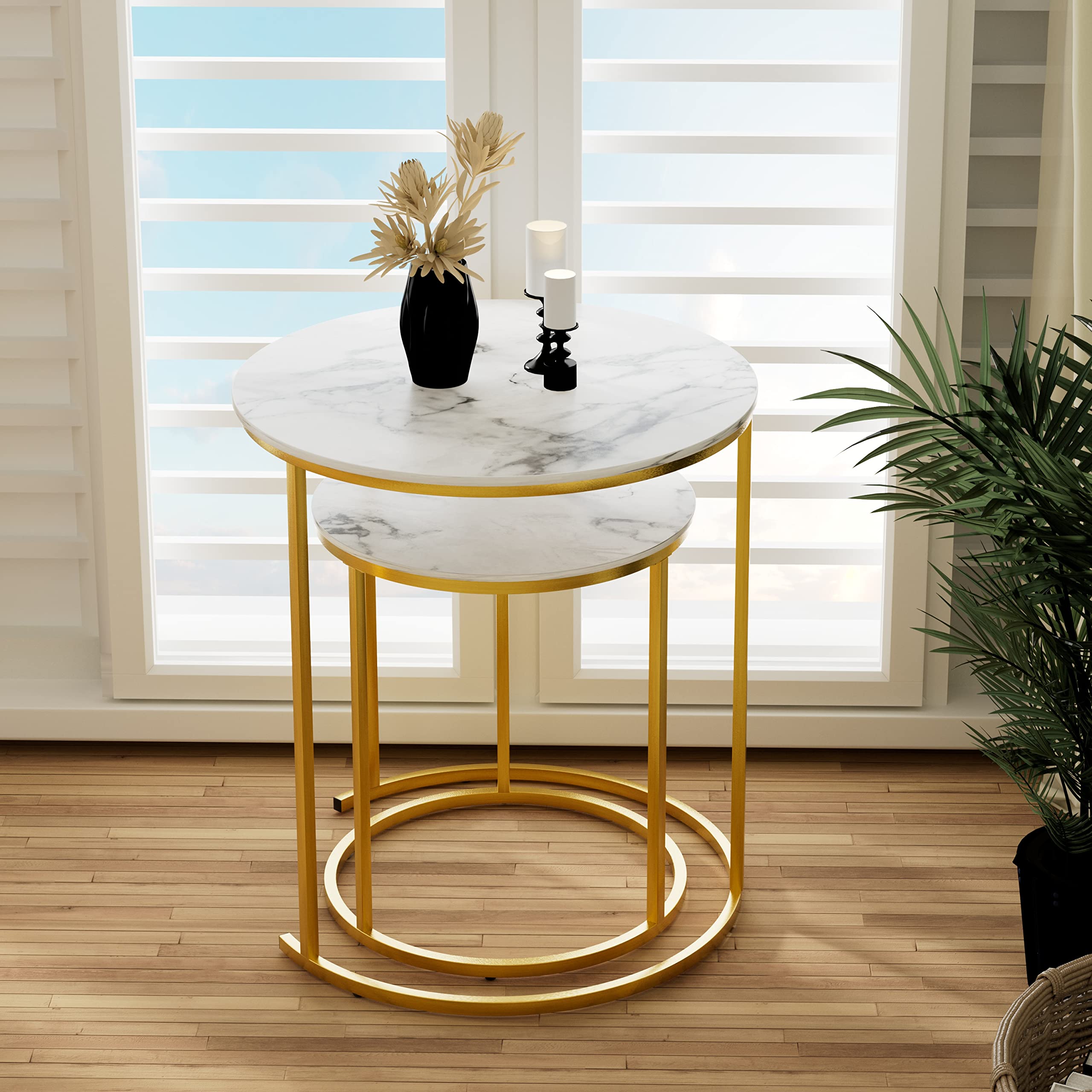 Nesting Coffee Table Faux White Marble for Small Place 24 in 2 Sets High Side End Sofa Table
