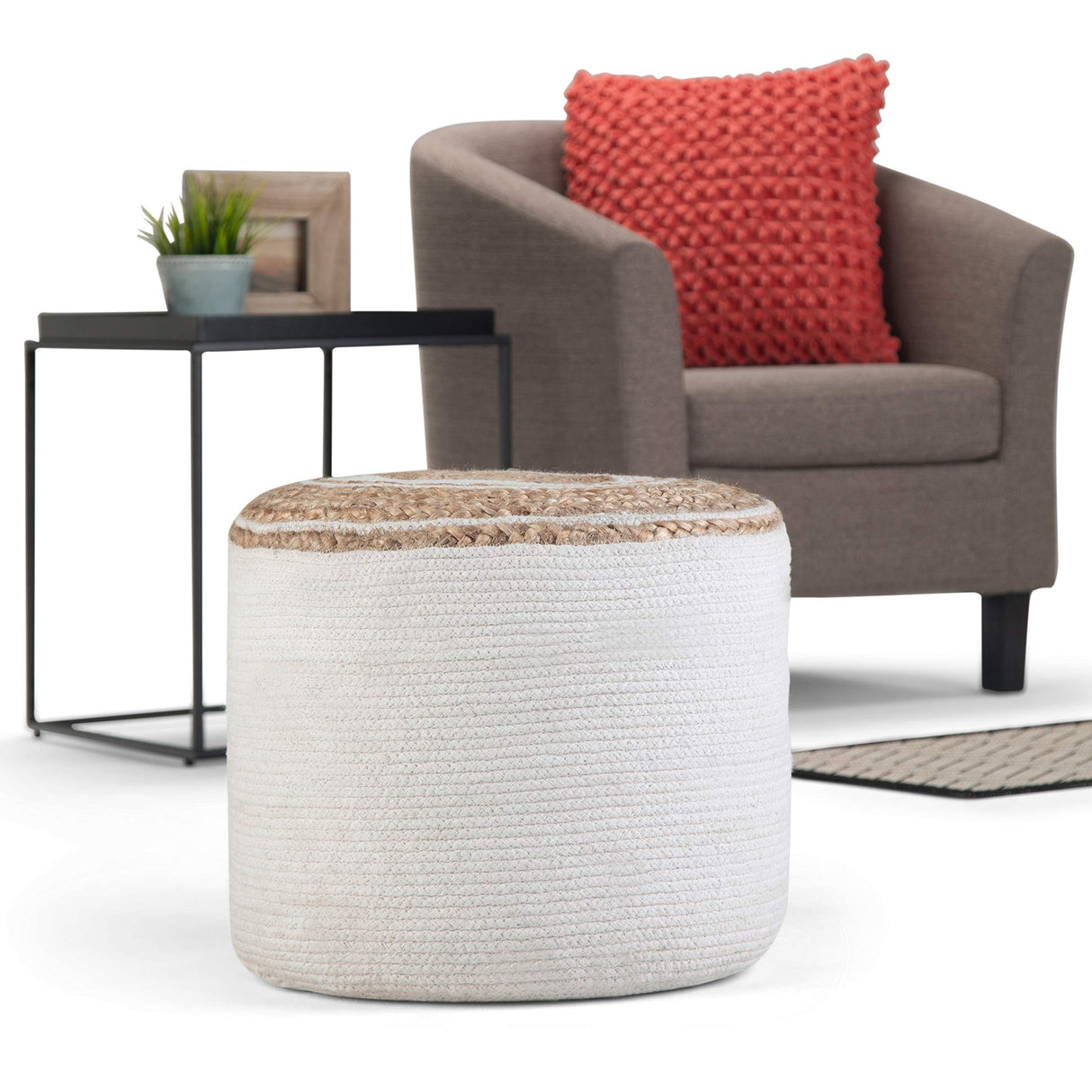 Serena Round Pouf, Footstool, Upholstered in Natural Cotton with Hand Braided Jute