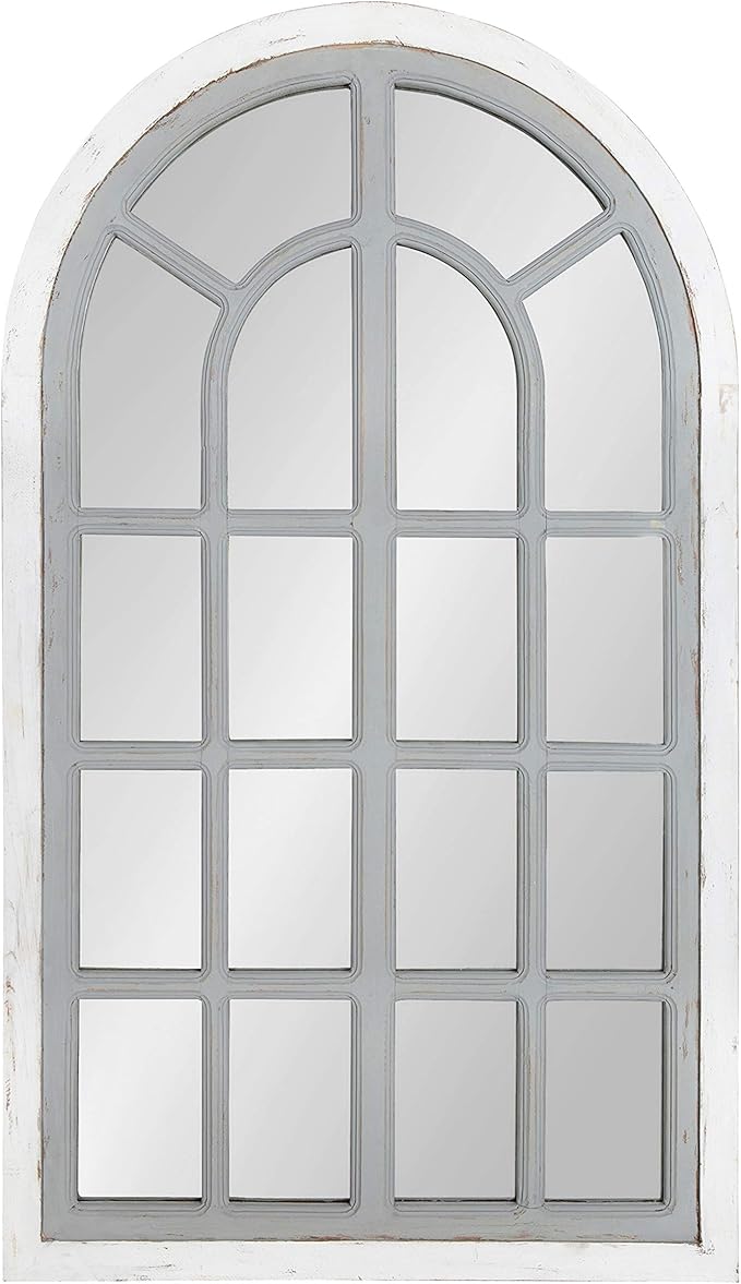 Boldmere Traditional Wood Windowpane Arch Wall Mirror, 22" x 38", White and Brown