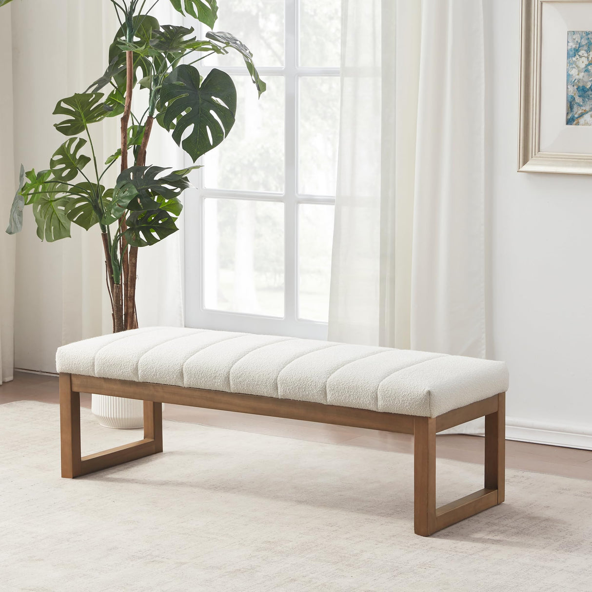 52.7" Bedroom Bench for End of Bed, Modern Upholstered Teddy Fabric Entryway Bench & Dining Bench