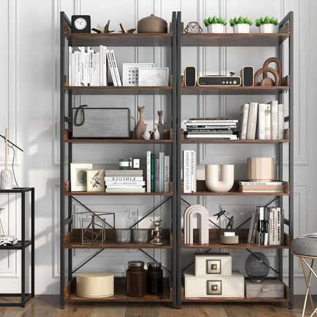 6-Tier Bookshelf, 70” Tall Industrial Bookcase w/Open Shelves & 4 Hooks, Storage Rack