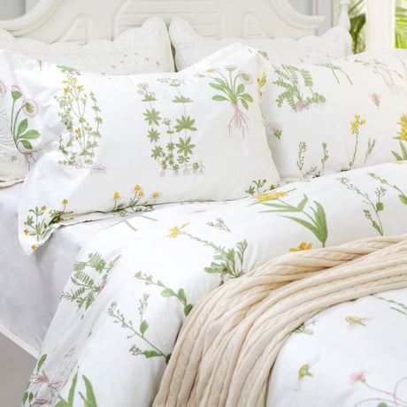 Shabby Floral Duvet Cover Set White and Green Cotton Bedding Set