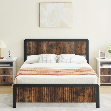 IDEALHOUSE Queen Size Bed Frame with Wave Wood Headboard, Queen Platform Bed Frame with Safe Rounded Corners & Under Bed Storage, Strong Metal Slats Support, No Box Spring Needed (Rustic Brown)