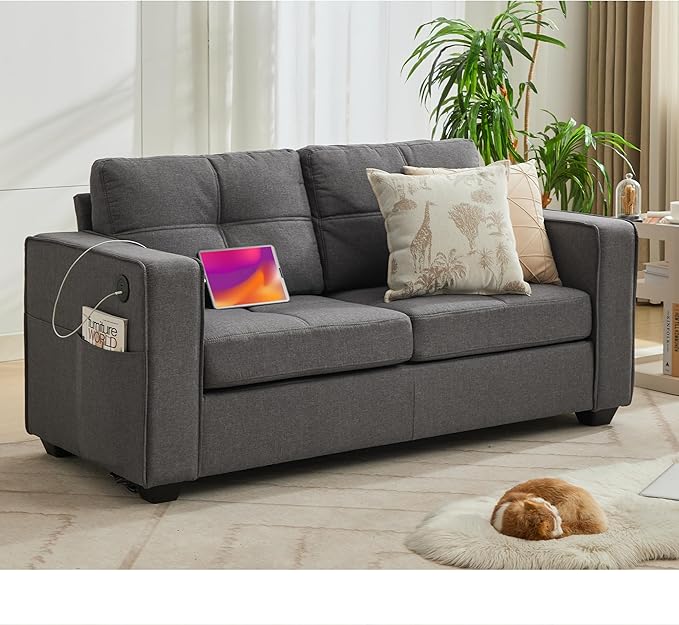 65" W Morden Linen Fabric Sofa Couch w/ 2 USB Charging Ports and Wide Arms