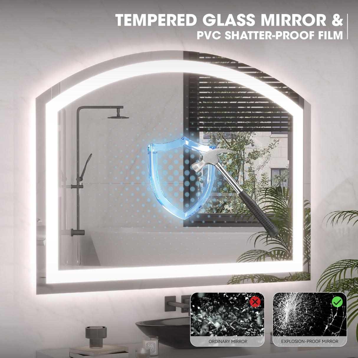 84x40 Inch Arch LED Bathroom Mirror with Dimmable Lights