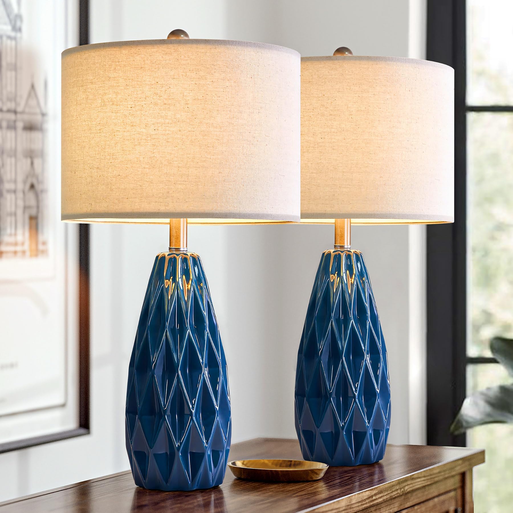 23" Table lamp Set of 2 Modern Ceramic Small Blue Embossed Geometric Pattern Bedside