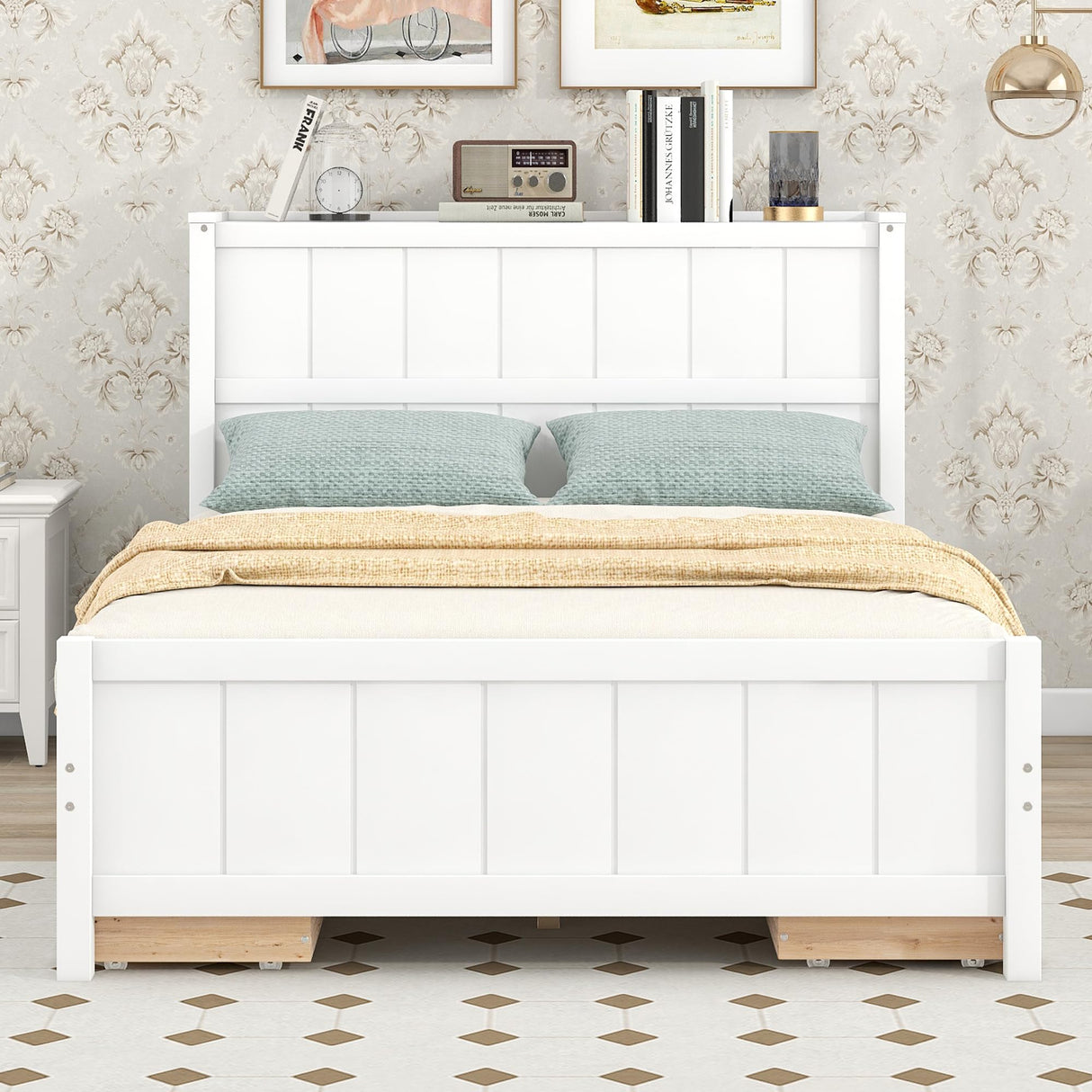 Merax Full Size Platform Bed with Drawers and Storage Shelves, White