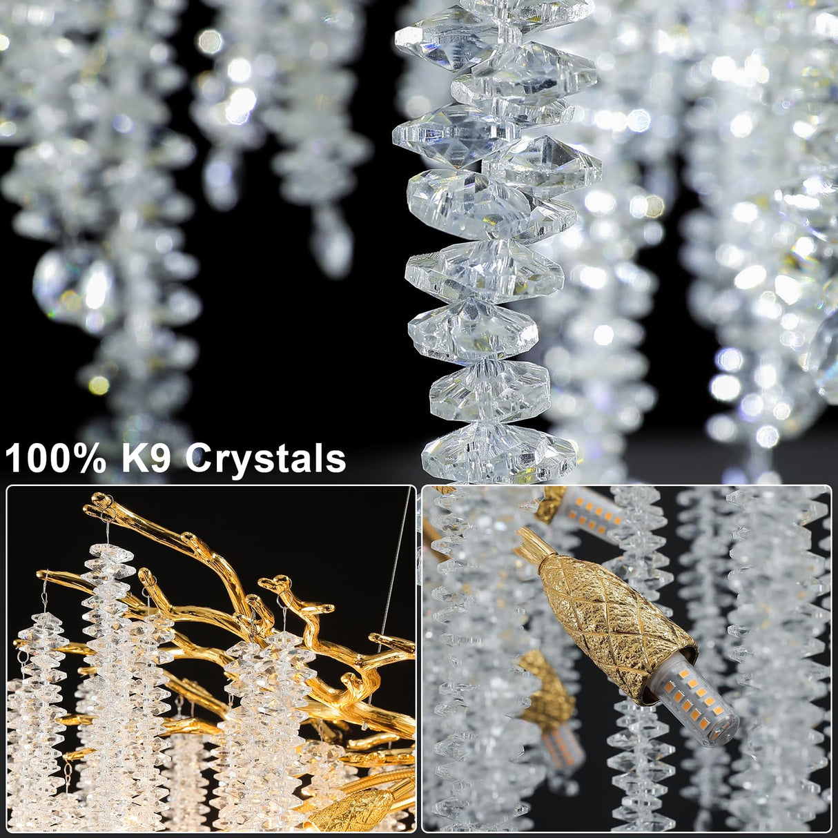 Modern Crystal Chandeliers for Dining Room, Gold Round Tree Branches Chandelier,